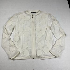 Dolce Cabo Ivory Mesh Floral Appliqué Zip Blouse Jacket Womens Small Sheer FLAW